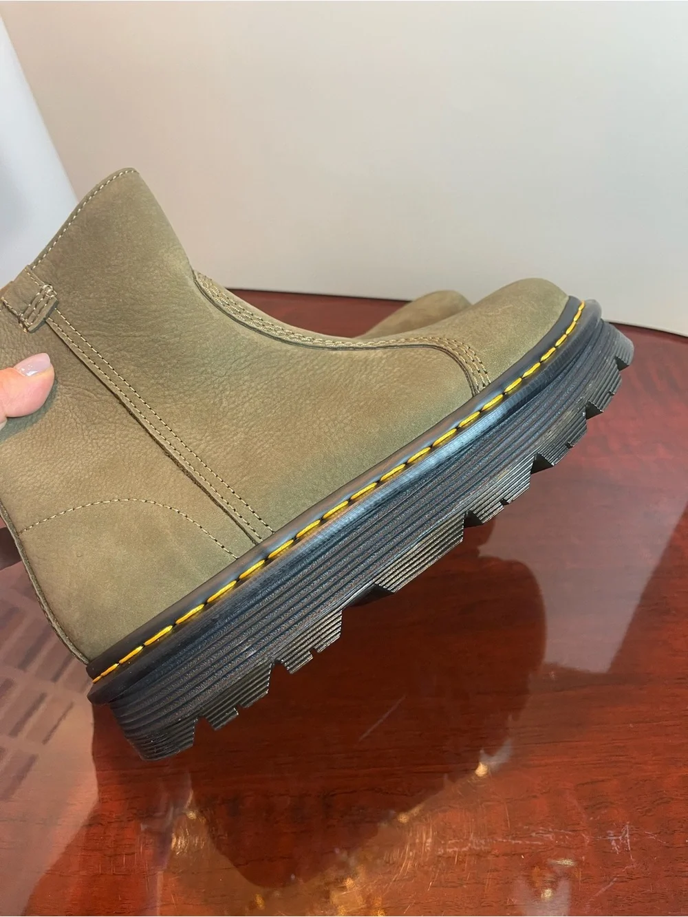 Dr. Martens Zebzag Rigger Slip-On Nubuck Platform Boots in DMS Olive US 9/ EU 41